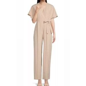 Alex Marie Jumpsuit Cream Pink Juliana Gingham Print Linen Batwing Sleeve 4 NWT
